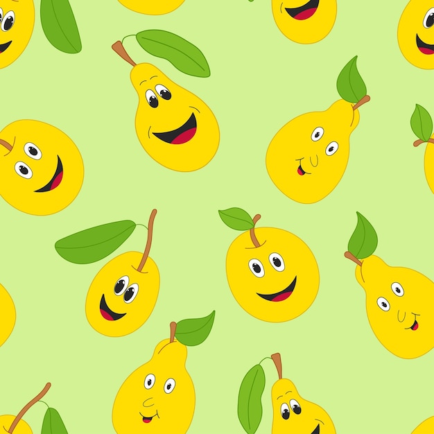 緑の背景の黄色のリンゴとナシのシームレス パターン