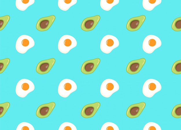 Бесшовный узор на фоне чирок с авокадо и жареным яйцом в качестве шаблона для упаковки, текстиля и веб-элементов. здоровое питание и образ жизни. весовые диеты потери, веганство, вегетарианство