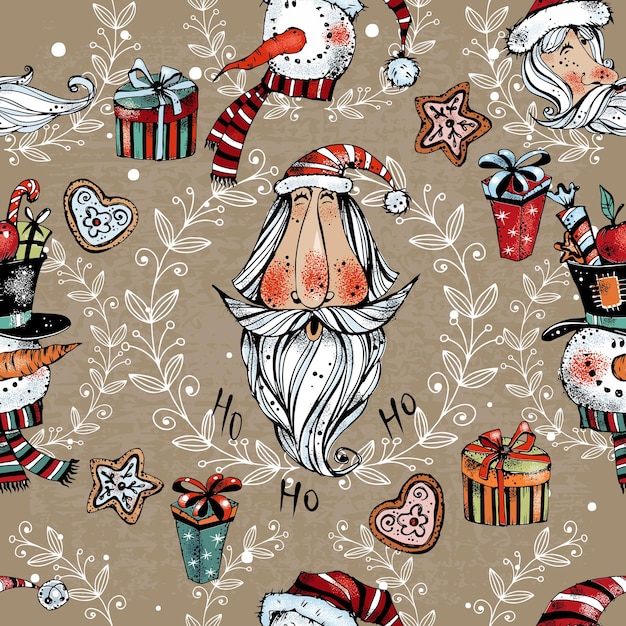 Вектор Бесшовный узор на тему зимы и рождества веселый санта со снеговиком и подарками вектор