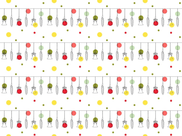 Vector seamless pattern of one continuous line of christmas tree toys and balls christmas holiday