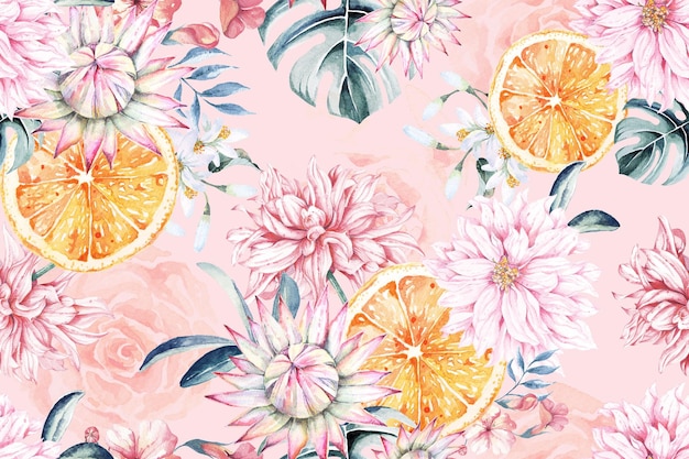 Seamless pattern of orange and Blooming flowers with watercolor for fabric and wallpaper