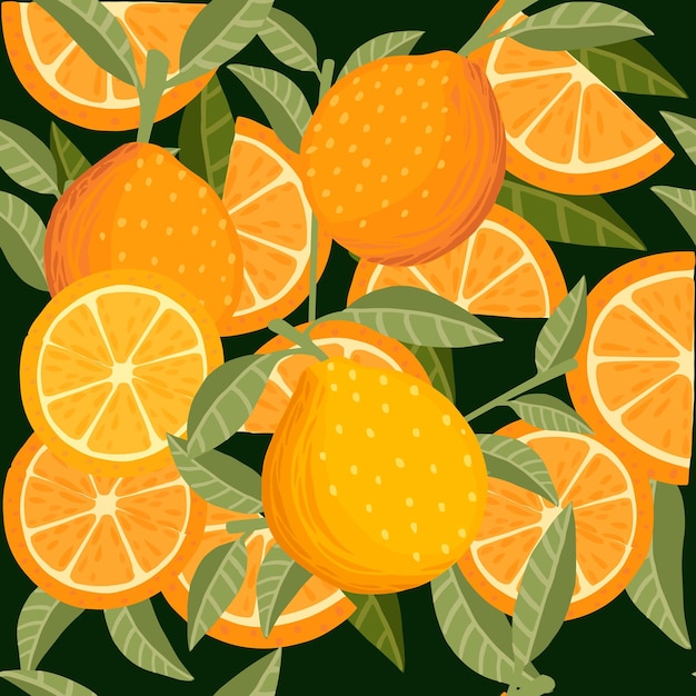 Vector seamless pattern of orange citrus fruit whole halved and sliced with green leaves flat vector illustration on green background