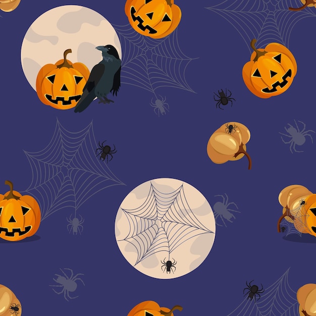 Seamless pattern of orange smiling Halloween pumpkins and black raven against the background of the moon