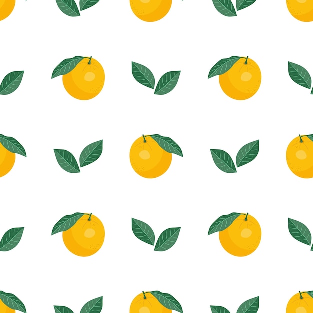 Seamless pattern of oranges and leaves on white