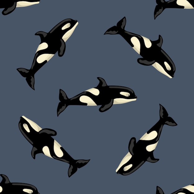 Seamless pattern Orca on dark background. Template of cartoon character of ocean for children.