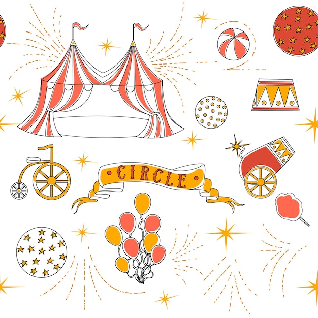 Vector seamless pattern outline circus icons collection linear style flat vector illustration on white background