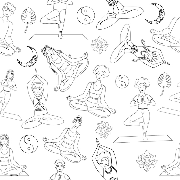 Vector seamless pattern outline of people sitting in yoga pose