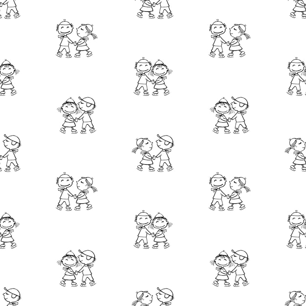 Vector seamless pattern of outlines cheerful cartoon kids skating