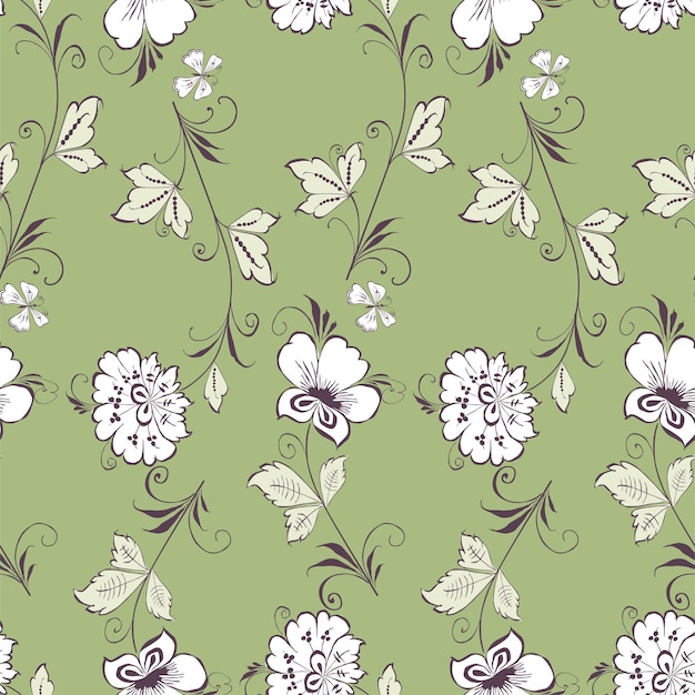 Seamless pattern of outlines decorative flowers with butterflies