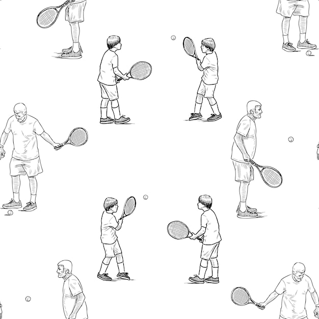Seamless pattern of outlines elderly men and boys playing tennis
