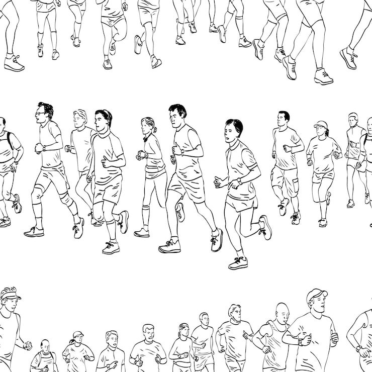 Vector seamless pattern of outlines group townspeople jogging