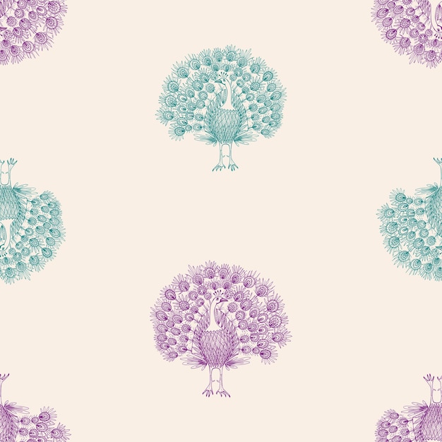 Seamless pattern of decorative green and pink peackoks.