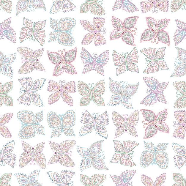 Vector seamless pattern of outlines various colorful ornamental butterflies