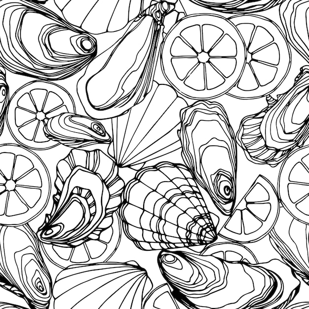 Seamless pattern of oysters in the shell Delicious seafood Menu decoration In black ink