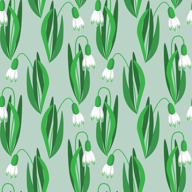 Seamless pattern painted delicate snowdrops on a light green background