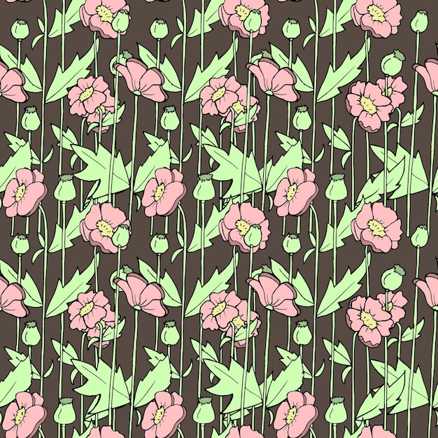 Seamless pattern pale pink poppies on a dark background