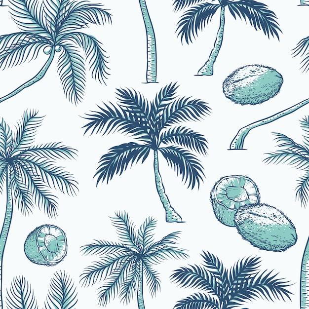  seamless pattern of palm. Different kinds of tropical palmtrees and coconut. Contour sketch background monochrome turquoise