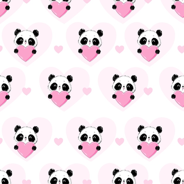 Vector seamless pattern panda and heart  illustration  greeting card for valentine's day