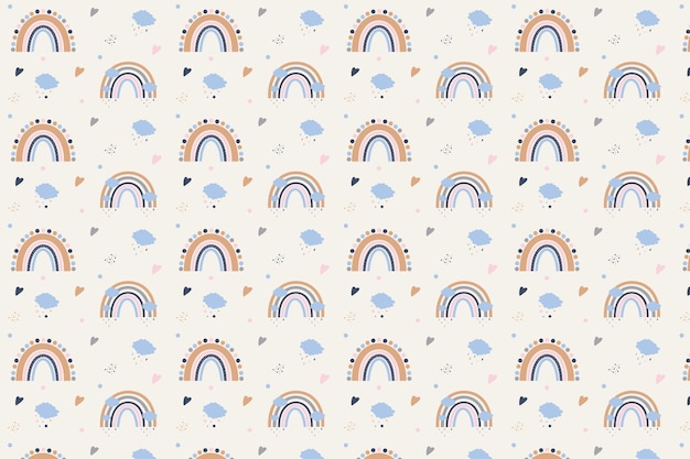 Seamless pattern in pastel colors with rainbows hearts clouds in Scandinavian style Modern baby texture for fabric wrapping textile wallpaper apparel Vector illustration