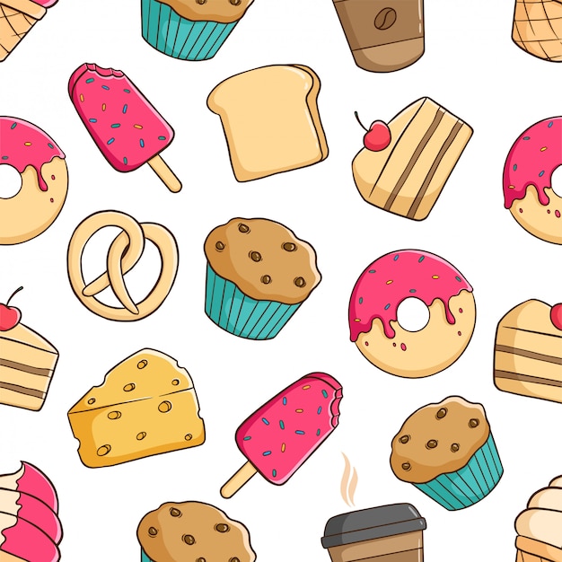 seamless pattern of pastry for breakfast with colored doodle style