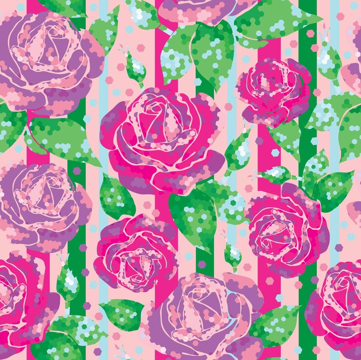 Vector seamless pattern pattern with roses geometric line style purple flowers with buds on a peach