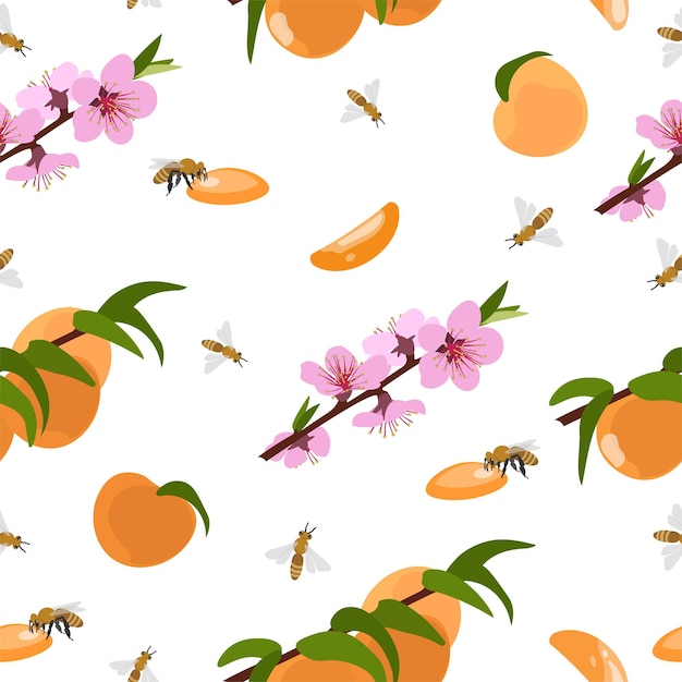 Seamless pattern of peaches and flowering branches Vector illustration on a white background