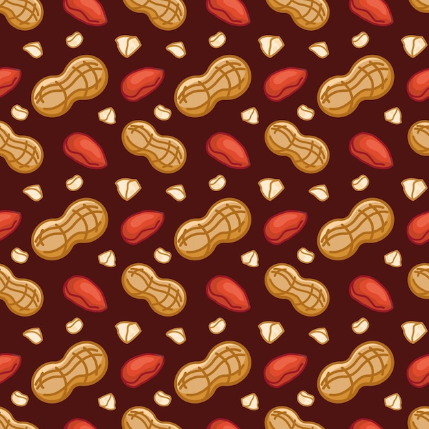 Seamless pattern of peanuts in the shell and without on a dark background Vector background for textiles and packaging