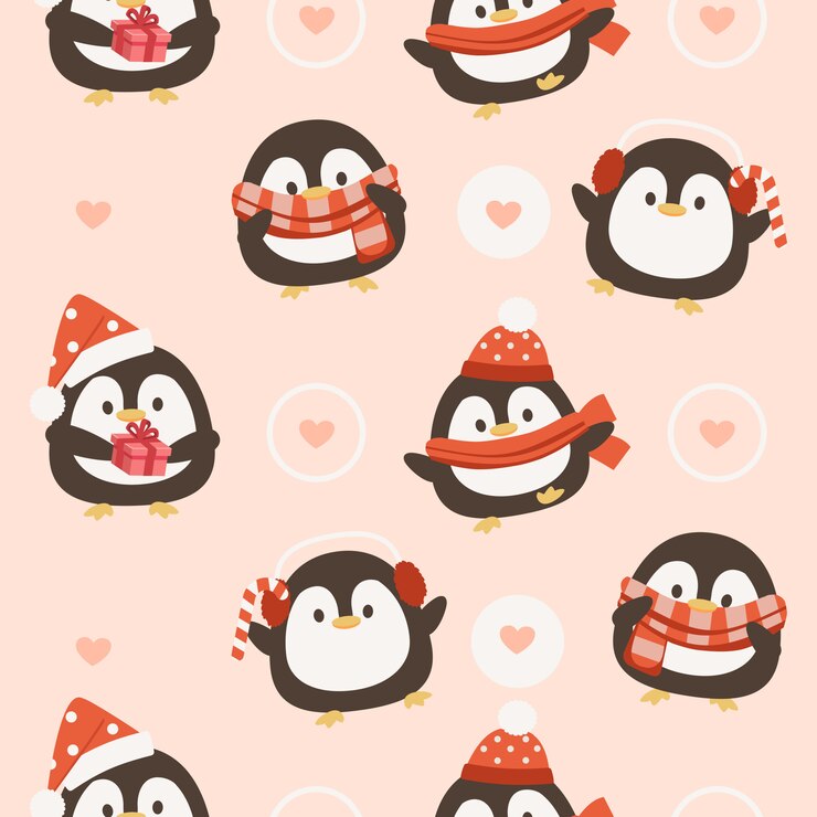 Seamless pattern of penguin with hearts