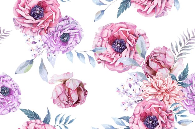 Seamless pattern of peony and blooming flower with watercolor for fabric and wallpaper
