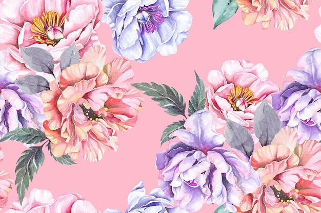 Seamless pattern of peonyrose and Blooming flower with watercolor for fabric and wallpaper