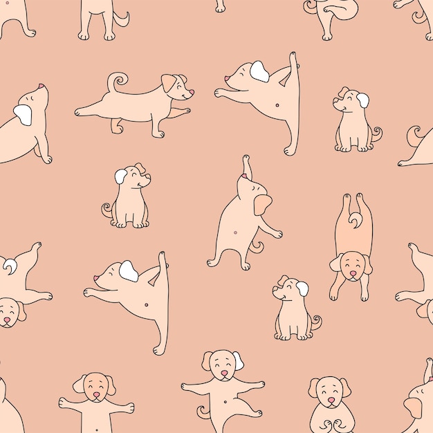 Seamless pattern pets yoga dog yoga cute puppies doing exercises and standing in asana vector