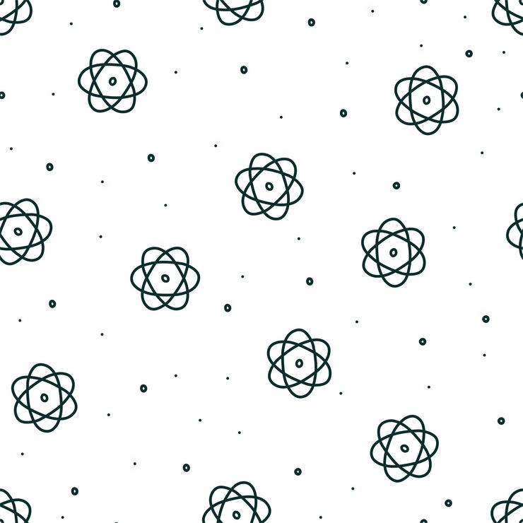 Vector seamless pattern on physics topic hand drawn atom in doodle style