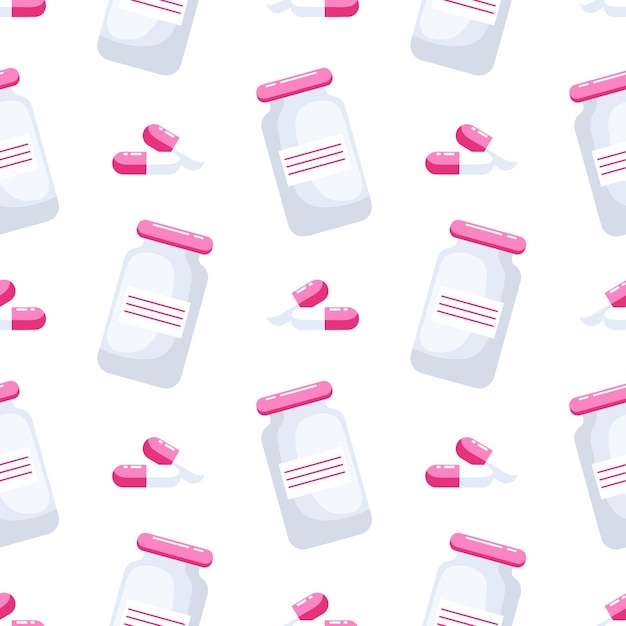 Seamless pattern of pills and medicine bottles on a white background pharmaceutical background