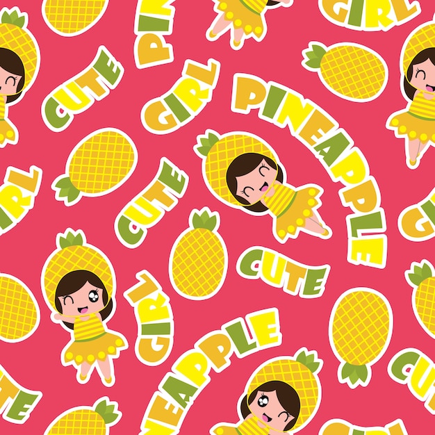 Seamless pattern of pineapple girl on pink background vector cartoon