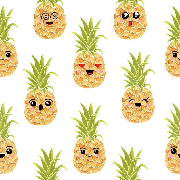 Seamless pattern of pineapples with different emotions Color illustrations on a white background