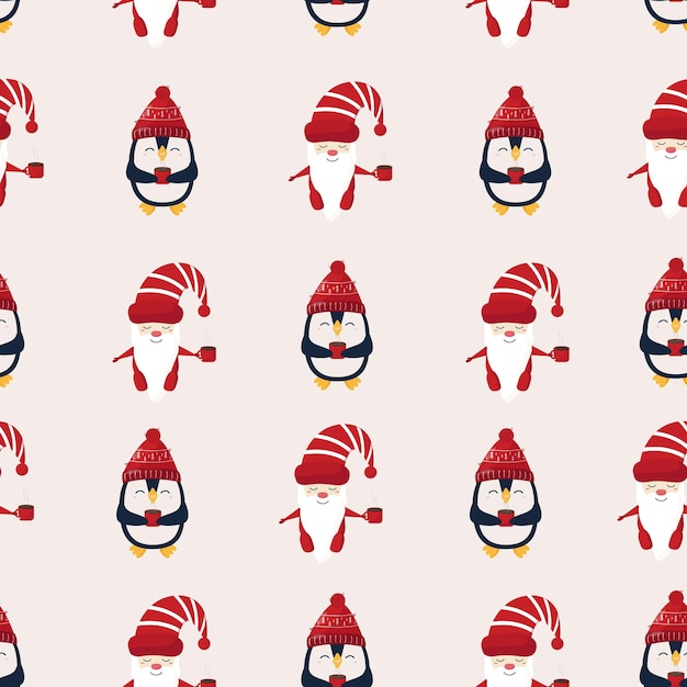 Seamless pattern pinguins and scandinavian gnome with cups on light background FLat winter pattern