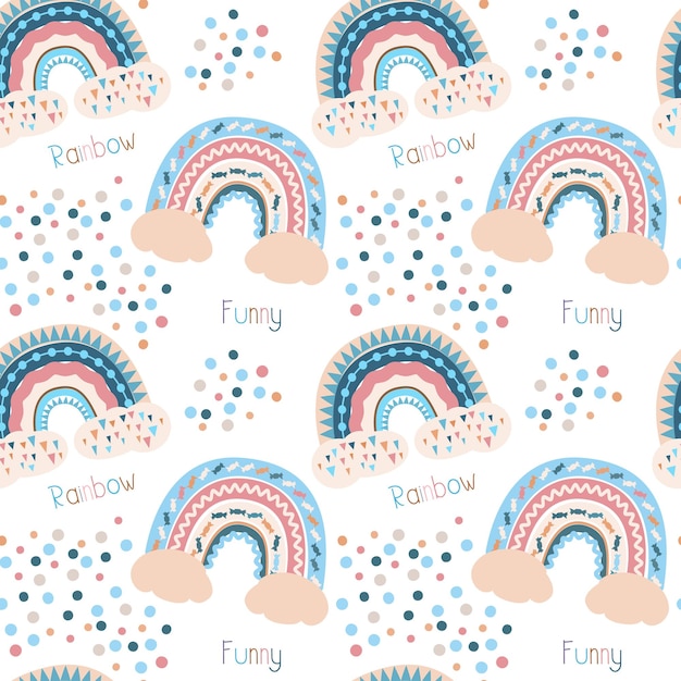 Seamless pattern pink and blue rainbows on the clouds