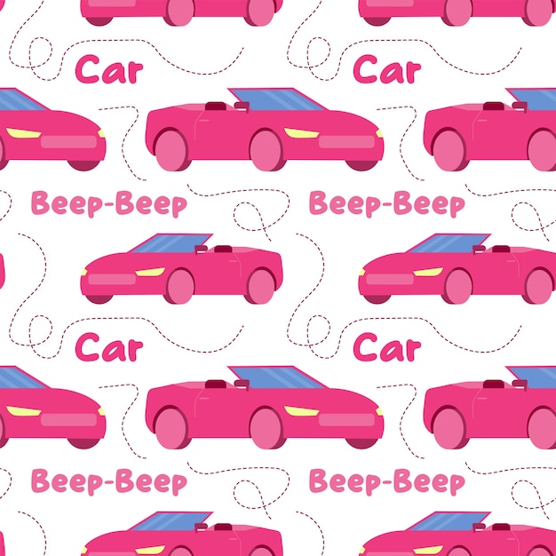 Vector seamless pattern of pink convertible car classic car a toy car for a doll vector illustration