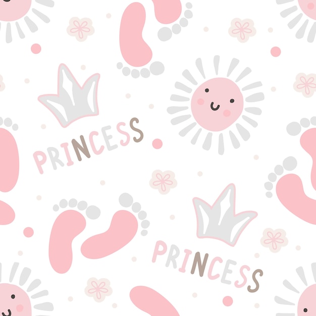 Бесшовный рисунок розового милого солнца короны и следа Девочка обои Маленькая принцесса дизайн Векторная иллюстрация