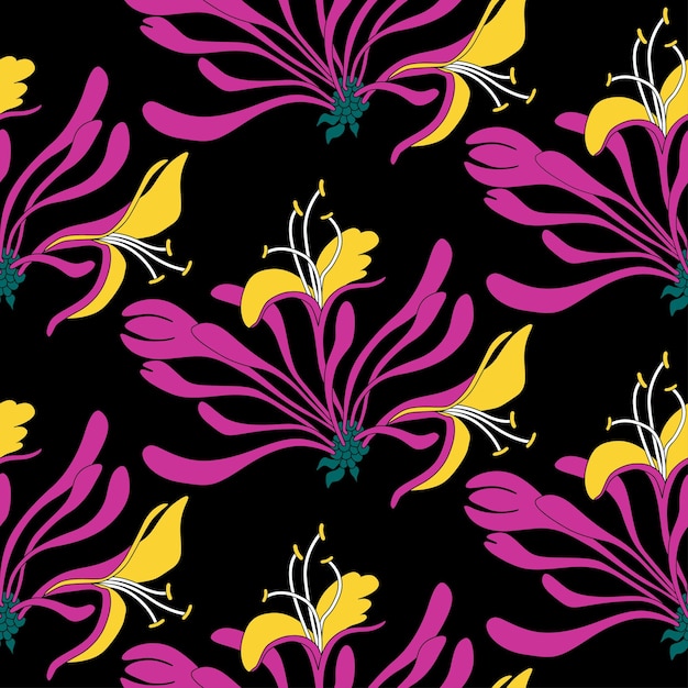 Seamless pattern Pink flowers lonicera on black background Vector Eastern illustration