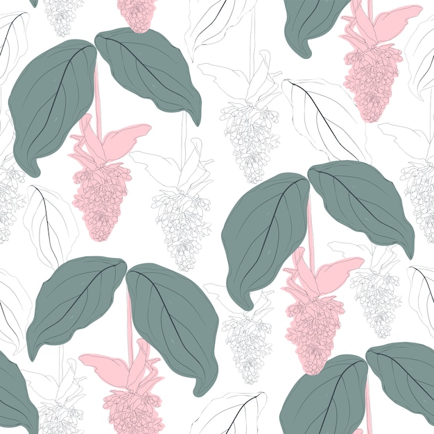 Seamless pattern pink flowers vintage abstract background.  hand drawing line art.