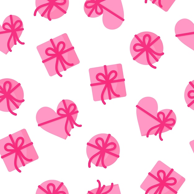 Seamless pattern of pink gifts of different shapes with a ribbon