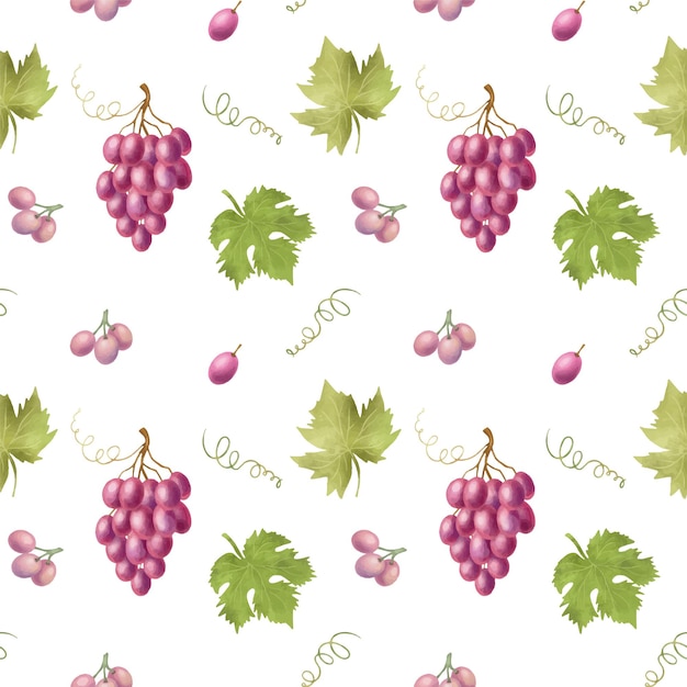 Seamless pattern of pink grapes and leaves