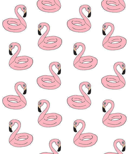 Seamless pattern of pink hand drawn swimming flamingo ring