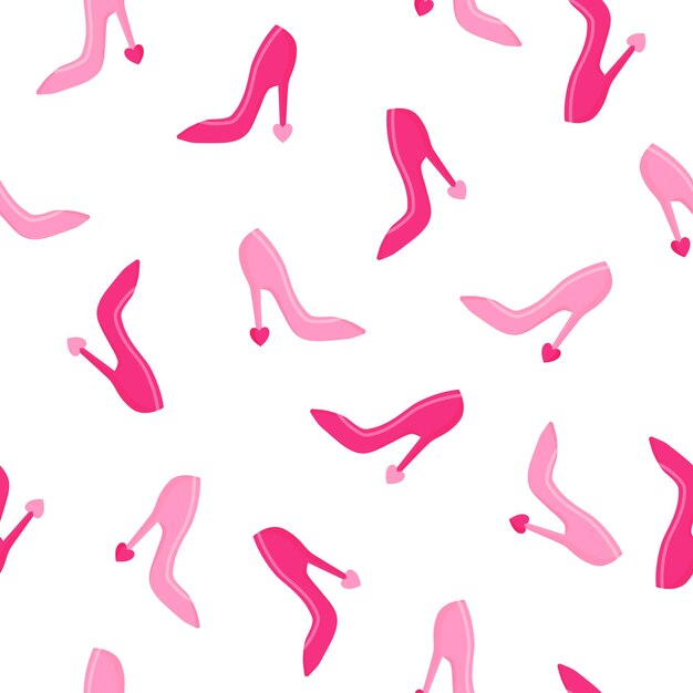 Seamless pattern of pink high heels with heart for the wedding or Valentine's Day.