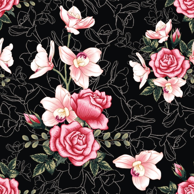 Seamless pattern pink orchid and rose flowers abstract background.