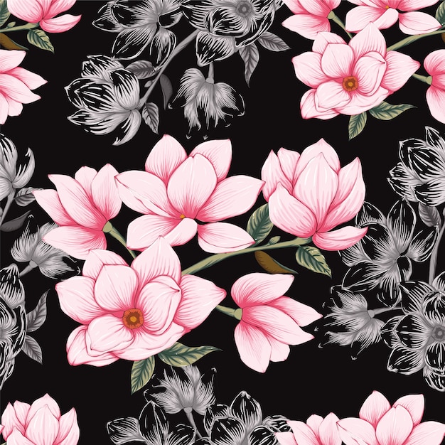 Seamless pattern pink pastel magnolia flowers background.