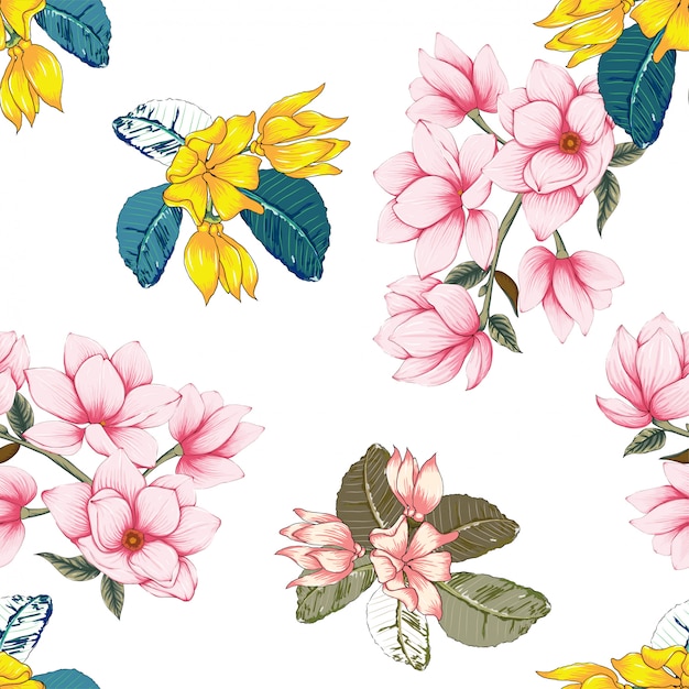 Vector seamless pattern pink pastel magnolia and ylang flowers.