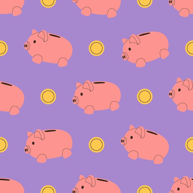 Seamless pattern of pink piggy bank with gold dollar coins. finance, budget planning, savings funds