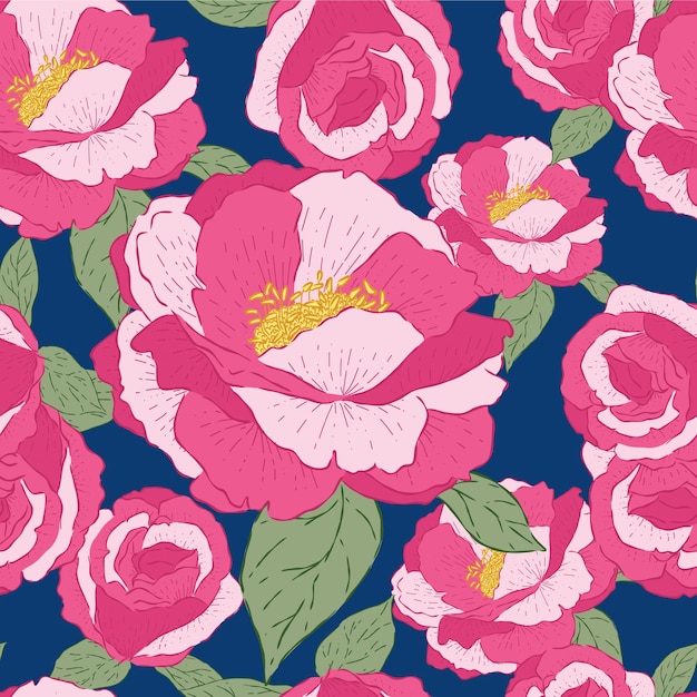 Seamless pattern Pink rose flower with folk art on dark blue background